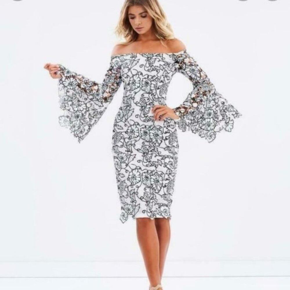 PASDUCHAS Ivy Grove Floral Bell Sleeve Off the Shoulder Midi Dress